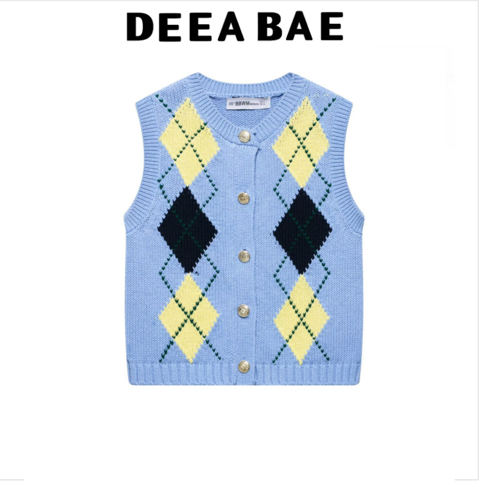 Deeabae 2025 Spring New Women's Diamond Pattern Sleeveless Round Neck Knitted Vest Vest 6427017