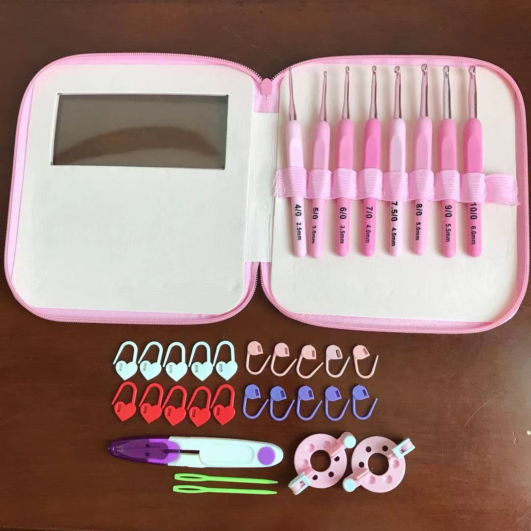 Picture of Cross-border Japanese cute soft handle PU hook bag set of wool knitting tool material pink handle crochet suit
