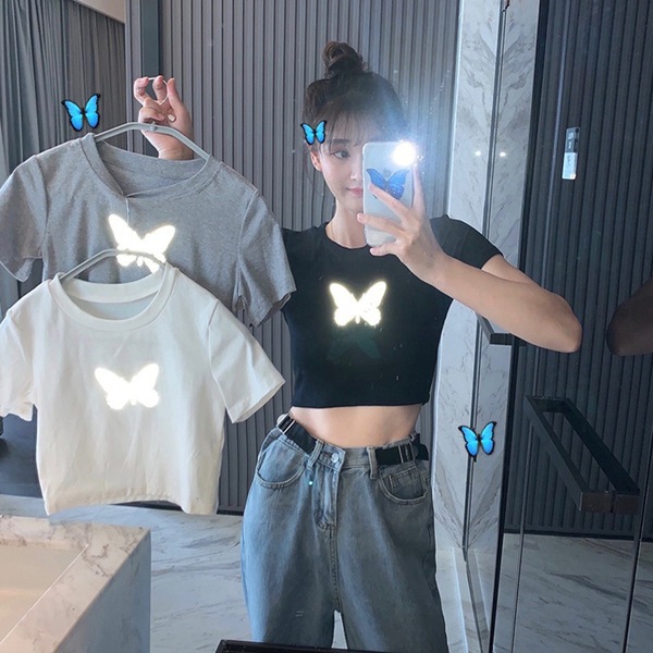 Reflective Butterfly 2022 Summer New Navel Base Shirt Short Top Short Sleeve T-shirt for Women