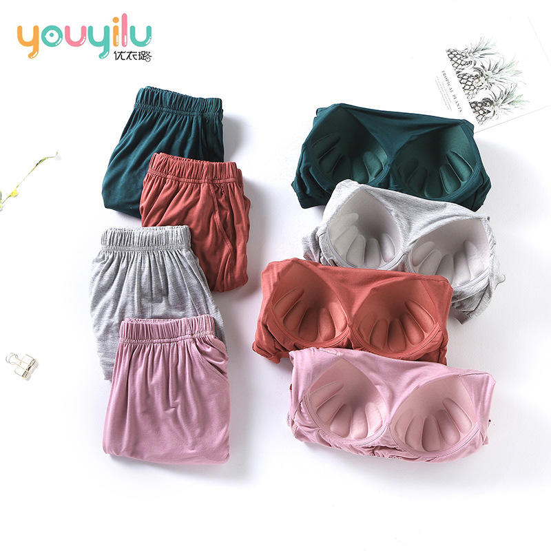 Picture of Modal Women's Suit Cup One-piece Short-sleeved Shorts Pocket-free Slimming Home Pajamas Suit Large Size Women