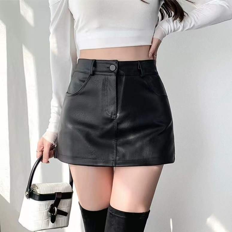 Brown PU Skirt Small Women's 145 Short Spring and Autumn High Waist suit Hip Leather Skirt A- line Skirt Leather Pants Skirt Xs