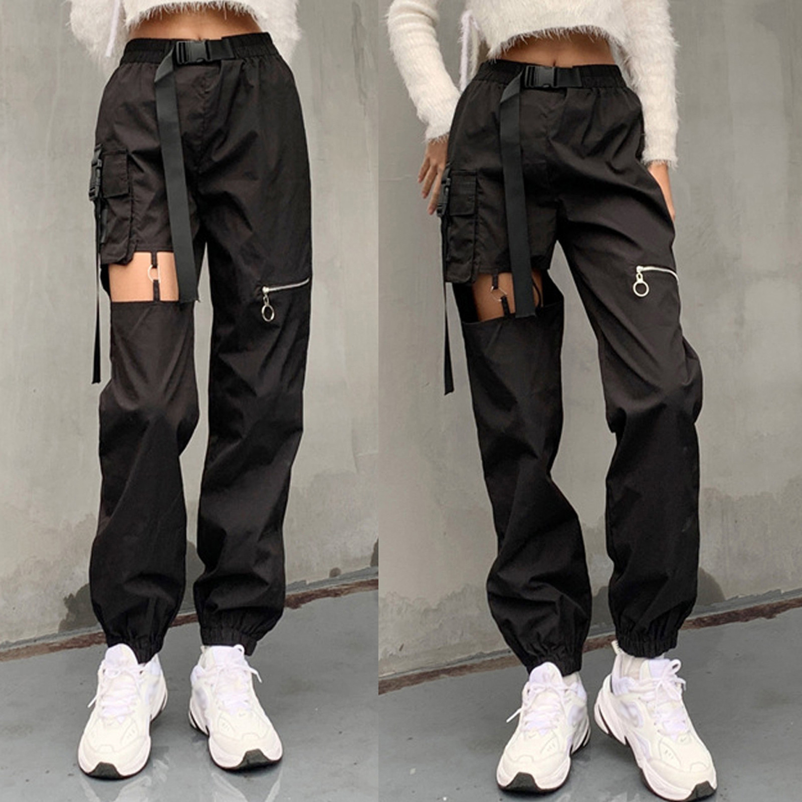 Women's hollow punk ankle-tied overalls belt buckle high waist zipper casual pants