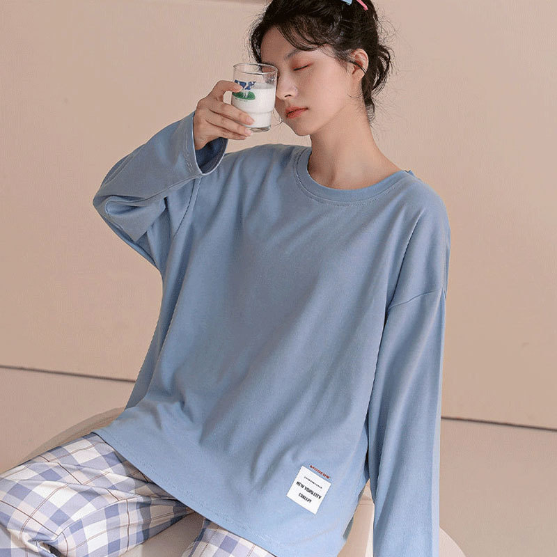 Spring and Autumn Pajamas Women's Long-sleeved New Fashionable Korean-style Fashionable Casual Plaid Women's Age-reducing Home Clothes suit Outer Wearing