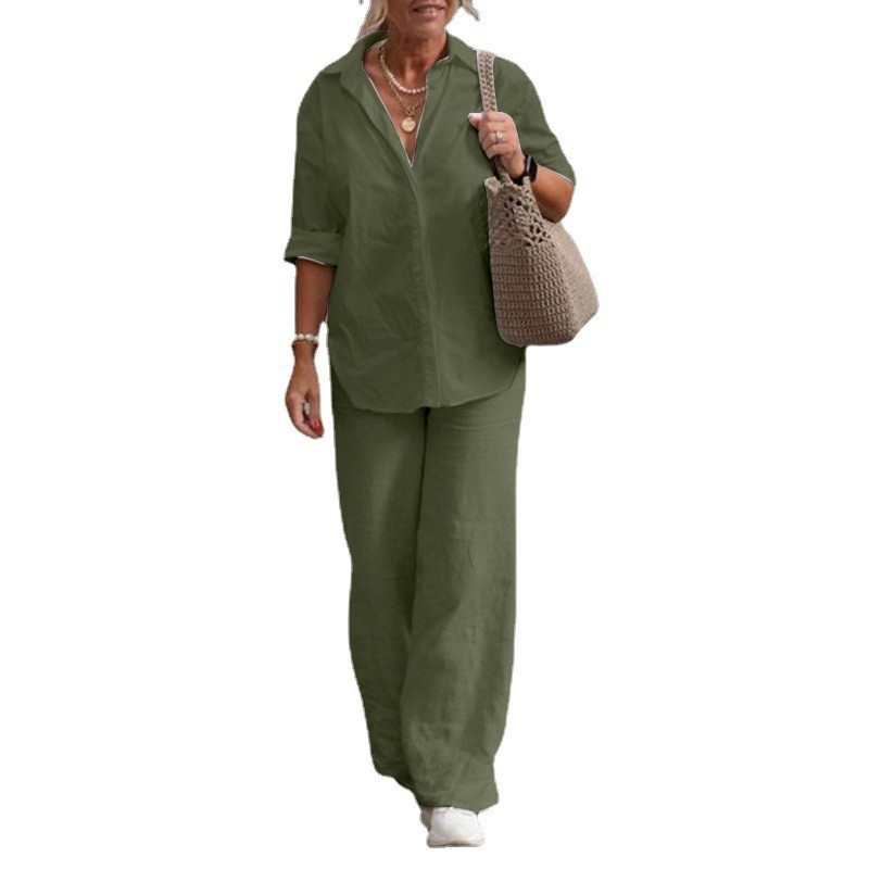 Picture of European and American Cross-Border Women's Two-Piece Set for Women 2024 Lapel Long-Sleeved Shirt Spring and Autum Casual Pure Color Pants Wide-Leg Suit