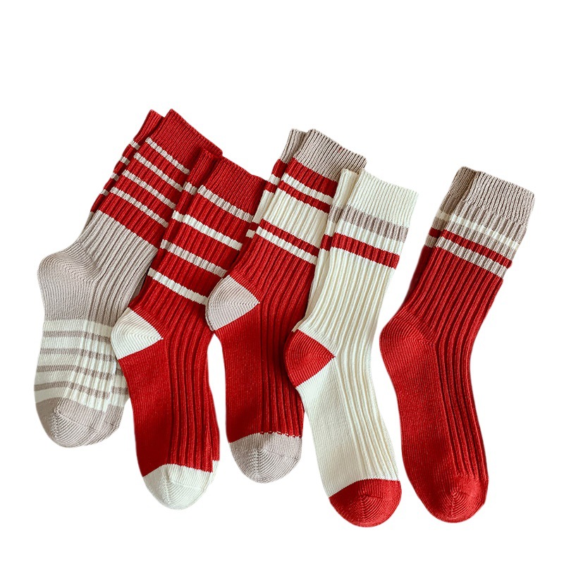 New Year red socks women's autumn and winter New striped mid-calf length socks thick thread double needle pile socks birth year Socks festival