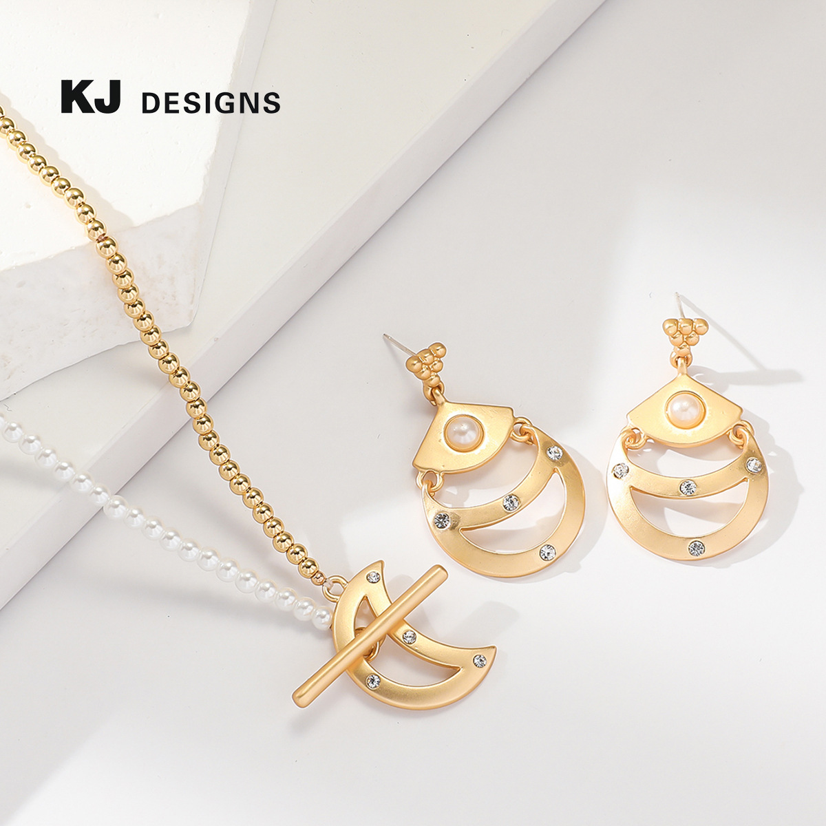 Kenjay Silver Needle Autumn Dumb Gold Moon Necklace Earrings suit European and American Temperament Glass Pearl Copper Bead Textured Necklace