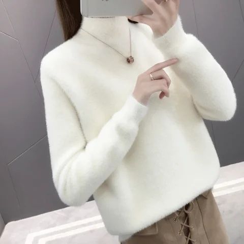 White Half-turtleneck Sweater Women's Autumn and Winter New Loose Outer Wear Lazy Style Styish Inner Base Shirt Top Ins
