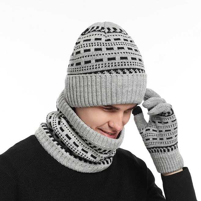 Picture of 2025 European and American Autumn and Winter Men's Warm Woolen Hat Knitted Thickeneded Adult Hat Neck Scarf Gloves Three-Piece Set Manufacturer