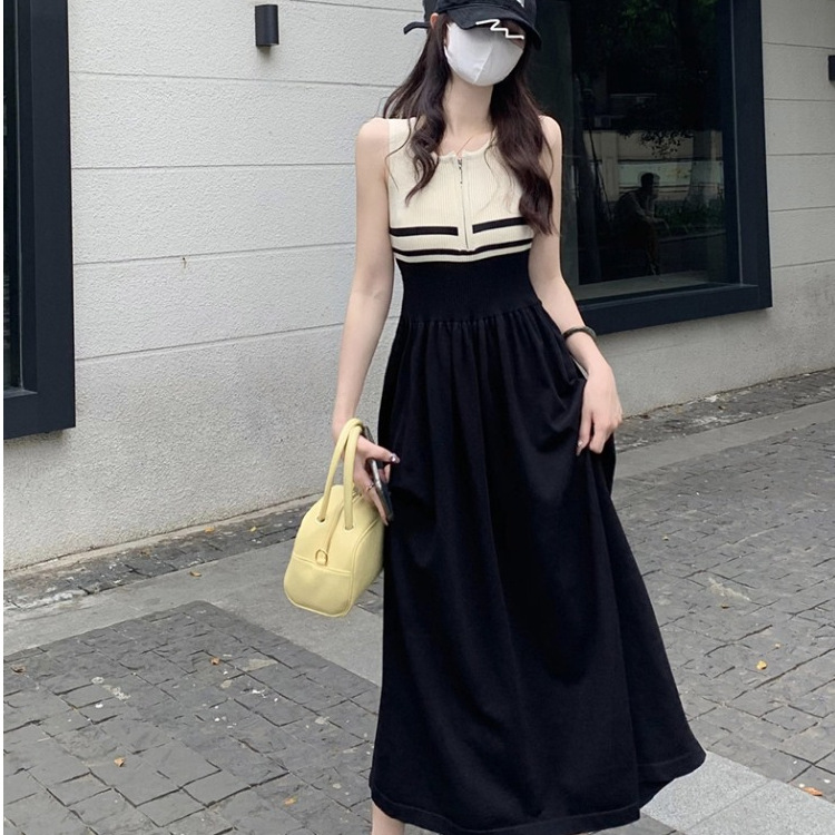 Summer 2024 New Striped Sleeveless Vest Long Skirt French Gentle Style Stitching Slim-fit Dress for Women