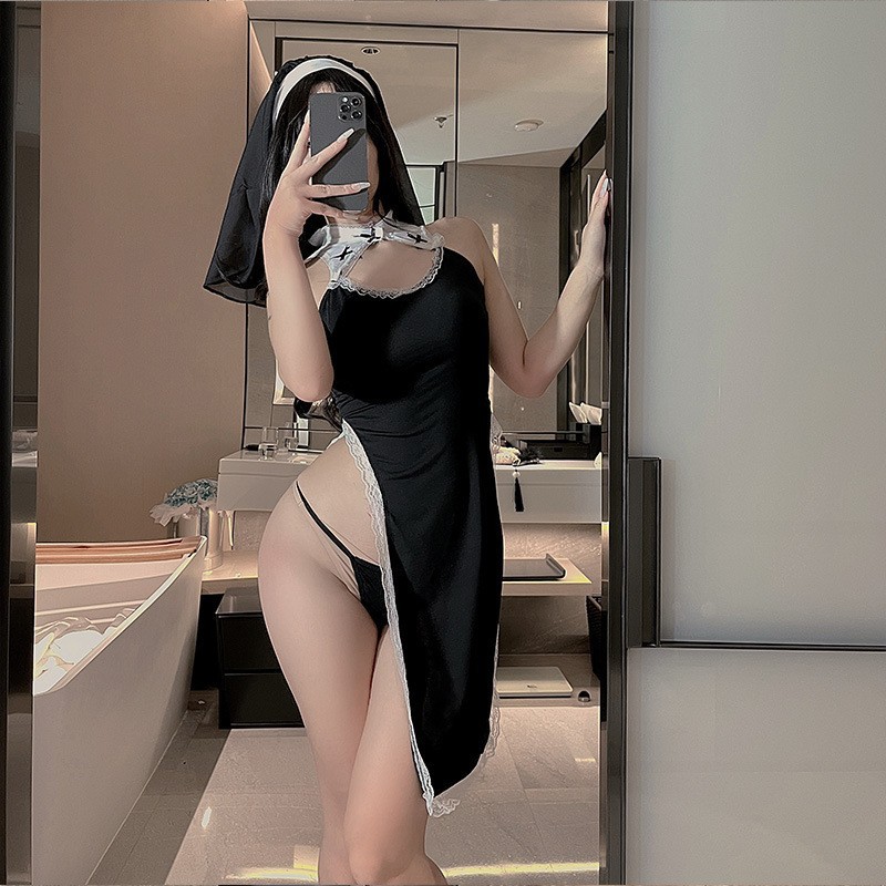 Selected Sexy Lingerie, Sexy Role-Playing Nun Uniform, No Need to Take Off, Cut Out High Slit Passionate Women's Nightgown