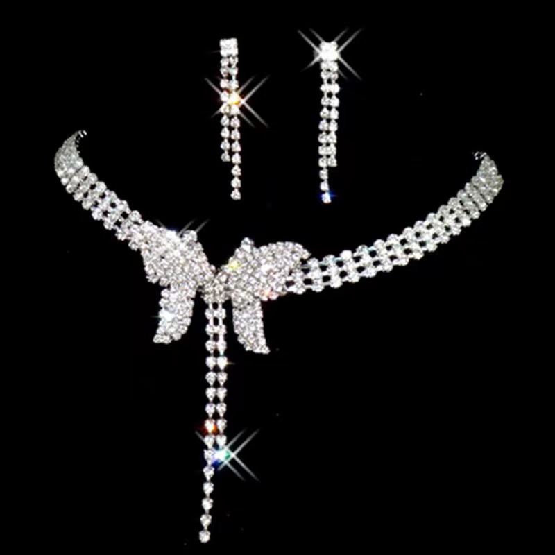Picture of South Korea Metal Claw Chain Rhinestone Wedding Necklace Bride Necklace Ear Drop Jewelry Banquet Necklace Jewelry suit Wholesale