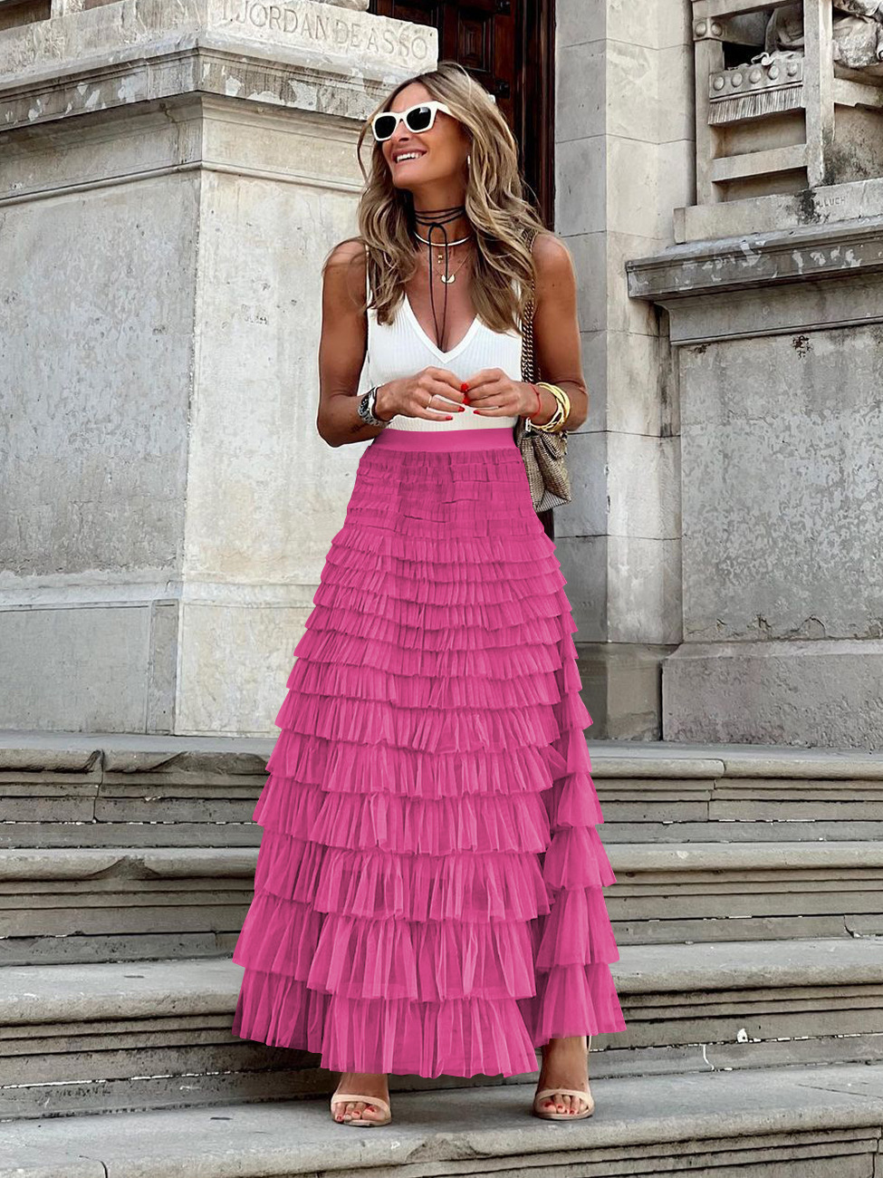 Cross-border New French Style Dress Women's Autumn European and American Elegant Elegant Solid Color High Waist Mesh Cake Skirt