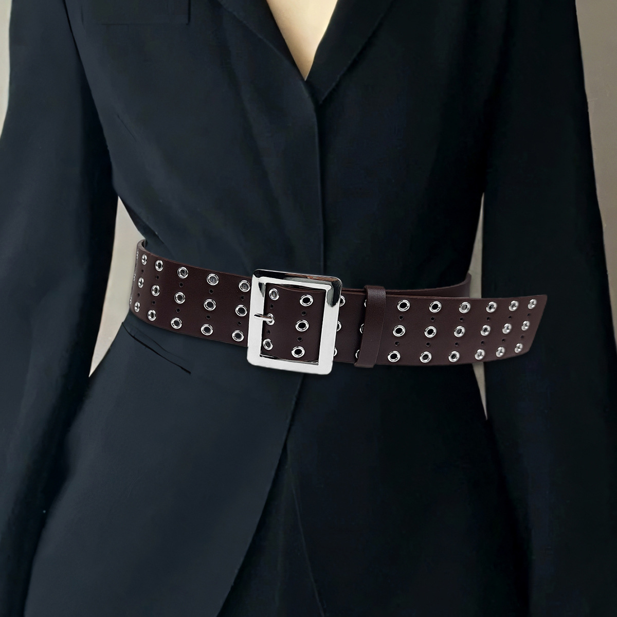 Cross-border explosions waist seal ladies belt silver three-row air eye decoration fashion suit waist skirt belt wholesale