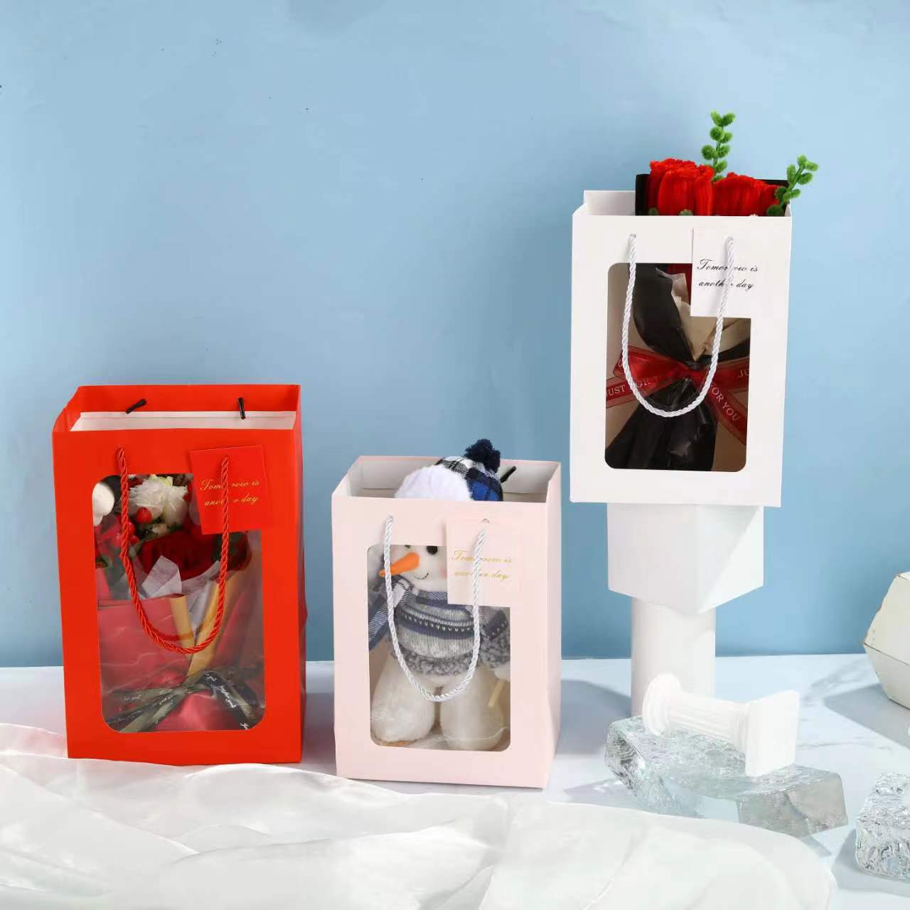 Picture of New Chinese Valentine's Day Flower Tote Bag Bouquet Packaging Gift Bag Transparent Window Tote Bag Wholesale