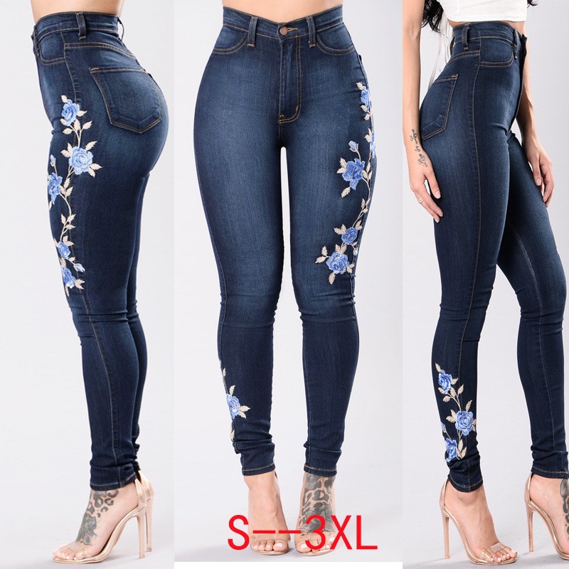 Picture of Ebay Amazon Hot Internet Red Jeans European and American Embroidered Stretch Pencil Pants Export Low Waist Pants for Women