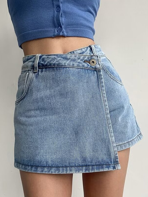 plus size chubby girl Summer High Waist A- line Short Pants Skirt Women's Slimming All-match Anti-running Irregular Denim Half-length Skirt