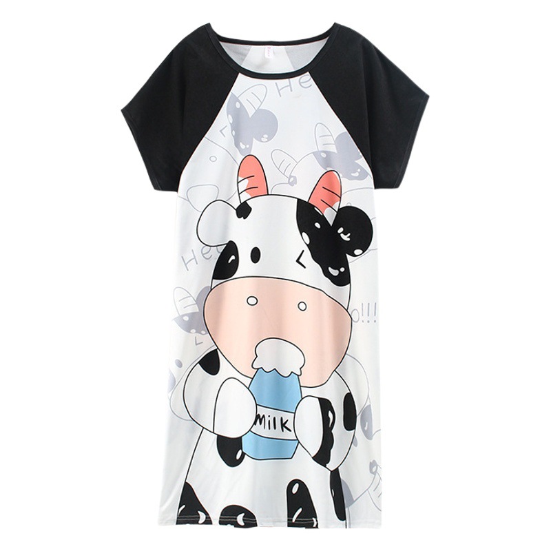 Pajamas Women's Summer Short-sleeved Thin Nightgown Cartoon Double-sided Watermark Cute Loose Nightgown Loose Mid-length Dress Home Clothes