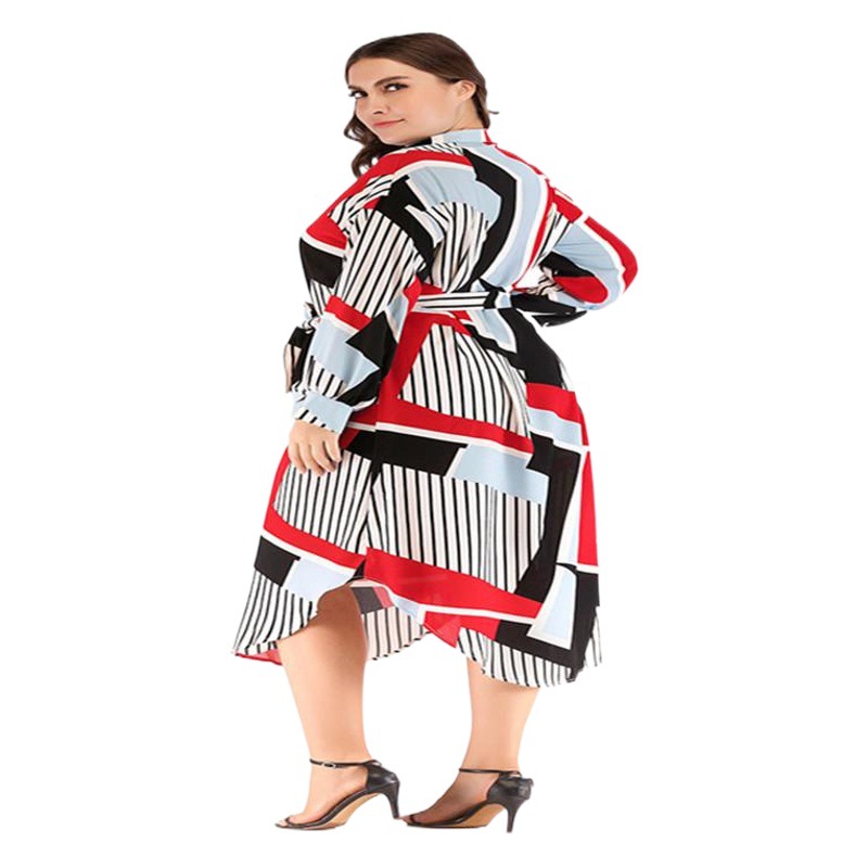 Factory direct supply Iduo chubby girl European and American plus size round neck long sleeve striped color matching strap shirt dress A136