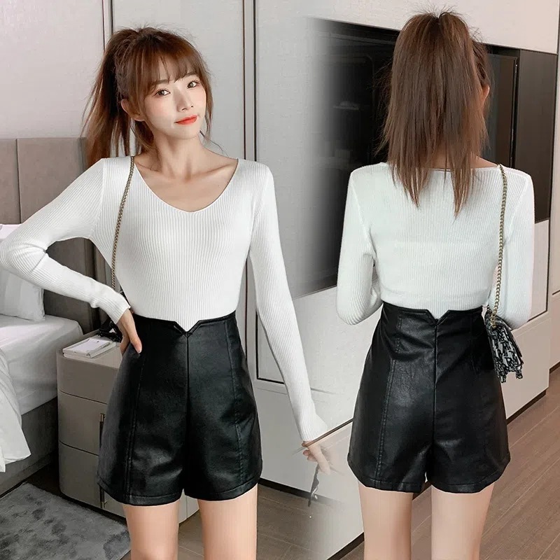 Picture of Internet Celebrity Pu Leather Autumn and Winter High-Waisted Wide-Leg Leather Shorts for Women's Outer Wear New Korean Style Slim Casual Leggings Boot Pants