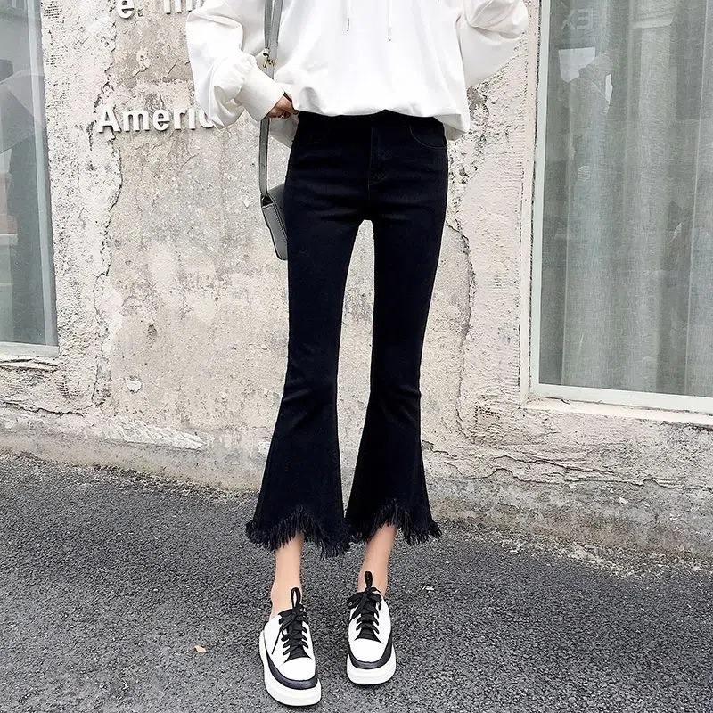 Micro-Flared Jeans for Women Spring and Autum 2024 New High-Waist Slim Stretch Petite Nine-Point Slit Pants