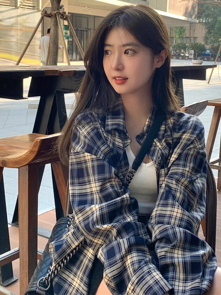 Spring and Autumn Plaid Shirt Women's Loose Lazy Style Women's Top 2024 Early Autumn New Style Shirt Vintage Plaid Coat