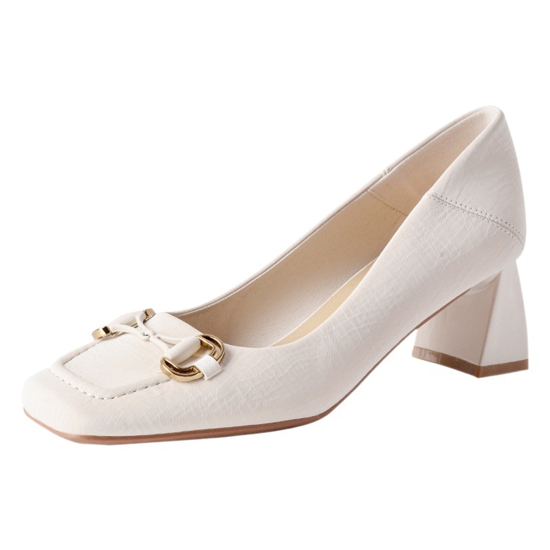 5525-8 Classic Metal Buckle Sheepskin Thick Heel Shoes Square Toe Retro Shallow High Heel Shoes 5CM Step-on Heel Two-Wear