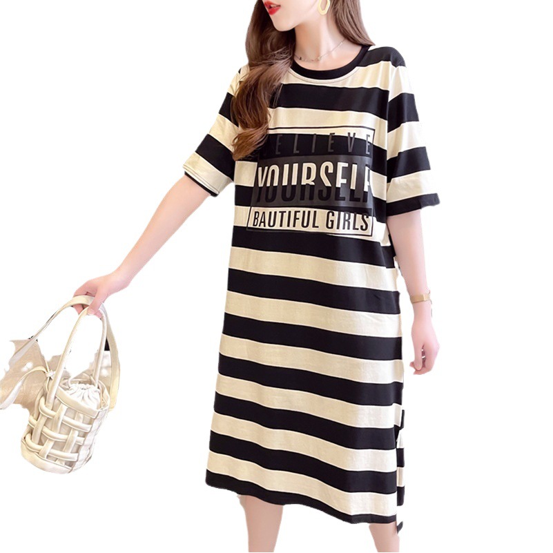 2023 new Korean style mid-length plus size striped T-shirt women's summer loose belly covering student long over the knee dress