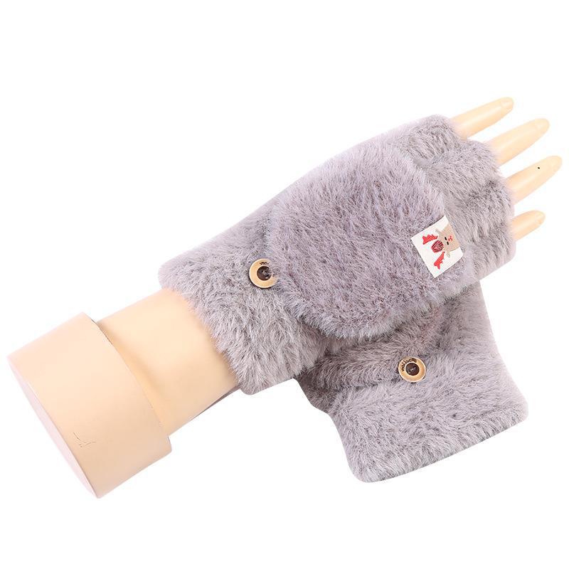 Picture of Winter students outdoor cartoon thick warm knitted cycling flip half finger plush gloves cute women Wholesale