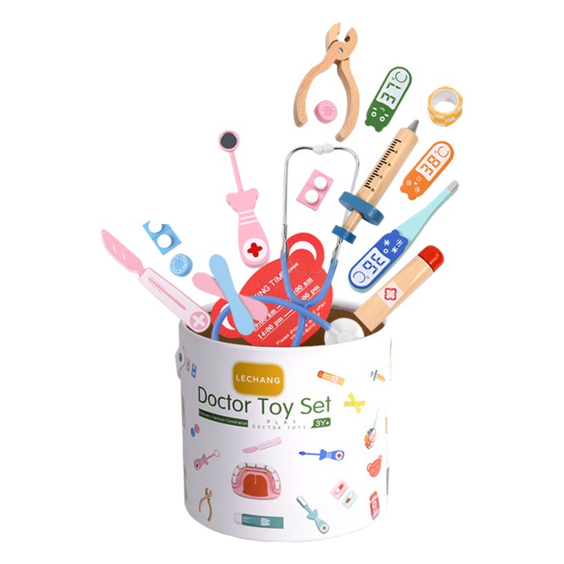 Barrel Children's Simulation Doctor Toy Set Boy Doctor Girl Nurse Injection Stethoscope Wooden Gift