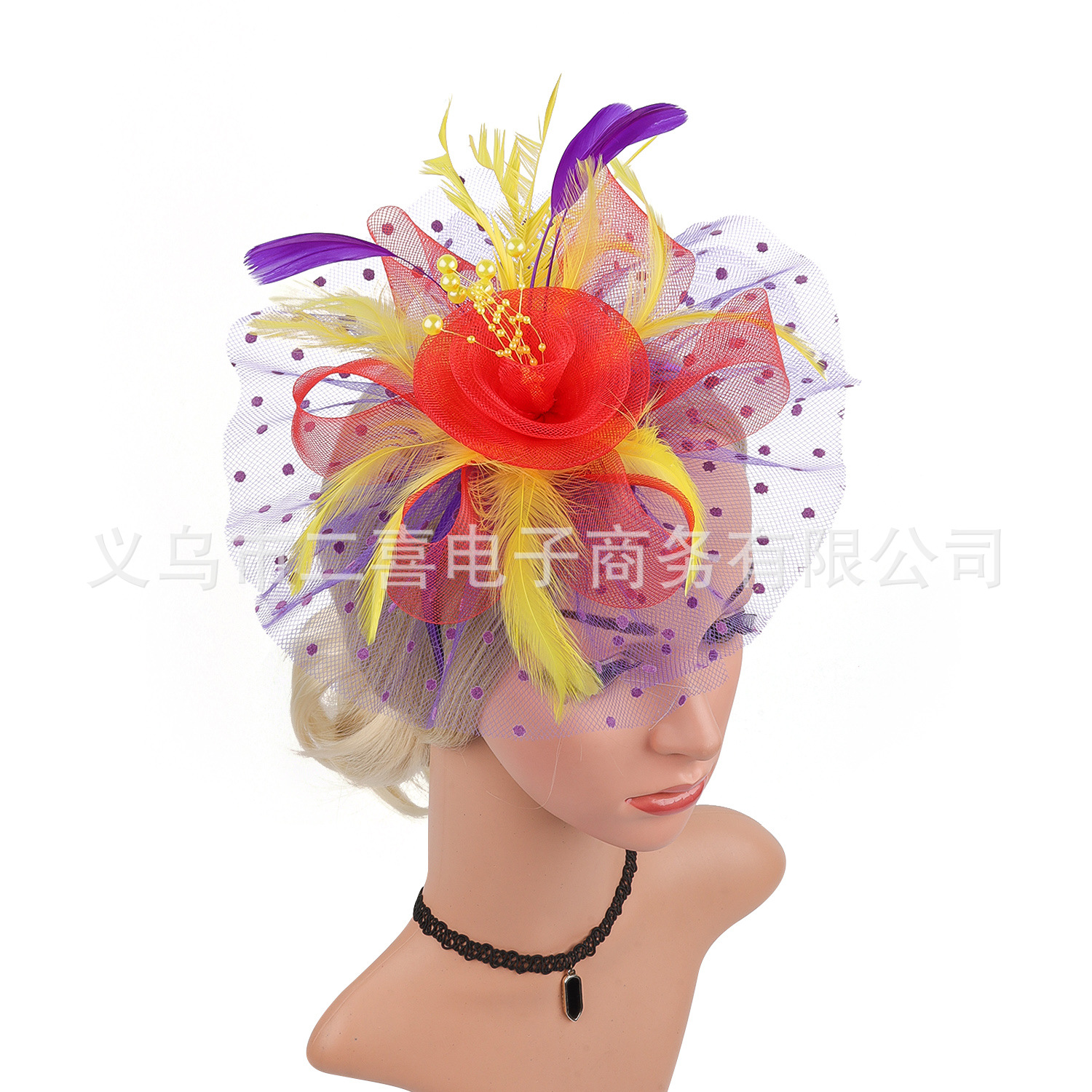 Picture of European and American Popular Amazon Feather Headdress Bridal Hair Accessories Mesh Top Hat Jockey Club Hair Accessories Hairpin Headband
