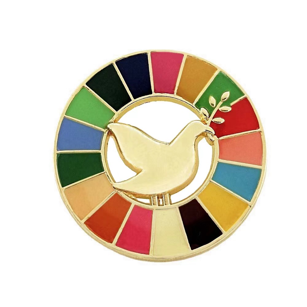 Picture of United Nations peace pigeon brooch sustainable development goal medal representative geometric pattern 17 color oil dripping necklace
