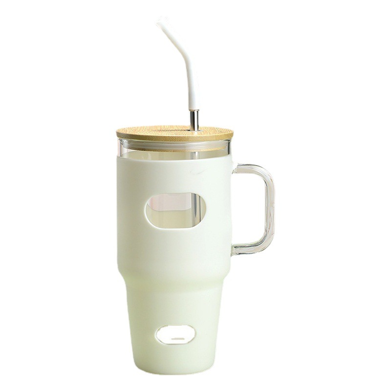 Large capacity glass cup high color value new 32oz glass straw Cup High Borosilicate Car Cup with handle ice Cup