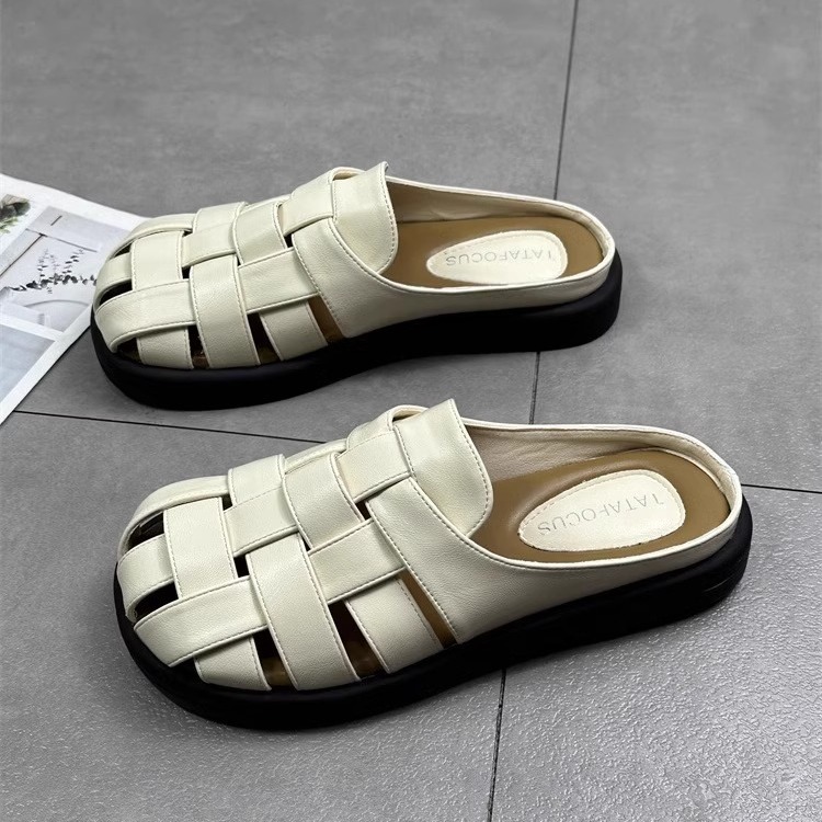 Genuine Leather Baotou Half Slippers Women's Summer Outer Wear 2024 New Vintage Woven Hollow Thick Slip-on Lazy Muller