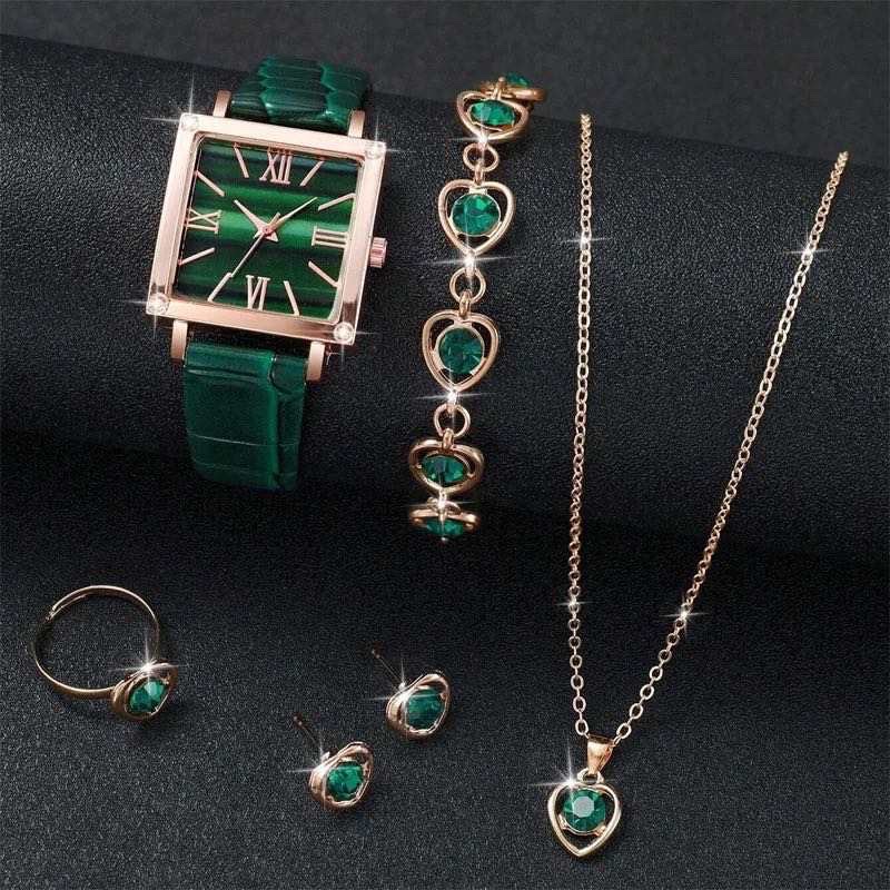 Ladies Emerald Square Watch Fashion Classic Roman Dial Quartz Watch Crystal Love Jewelry suit