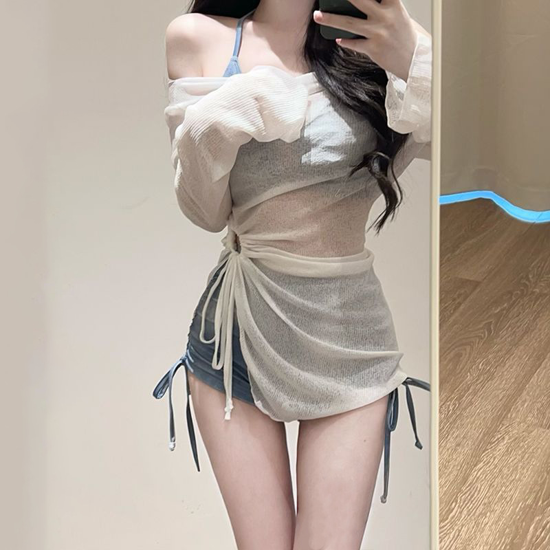 2025 new swimsuit women tie-dye blue sports split flat angle bikini blouse three-piece hot spring wholesale