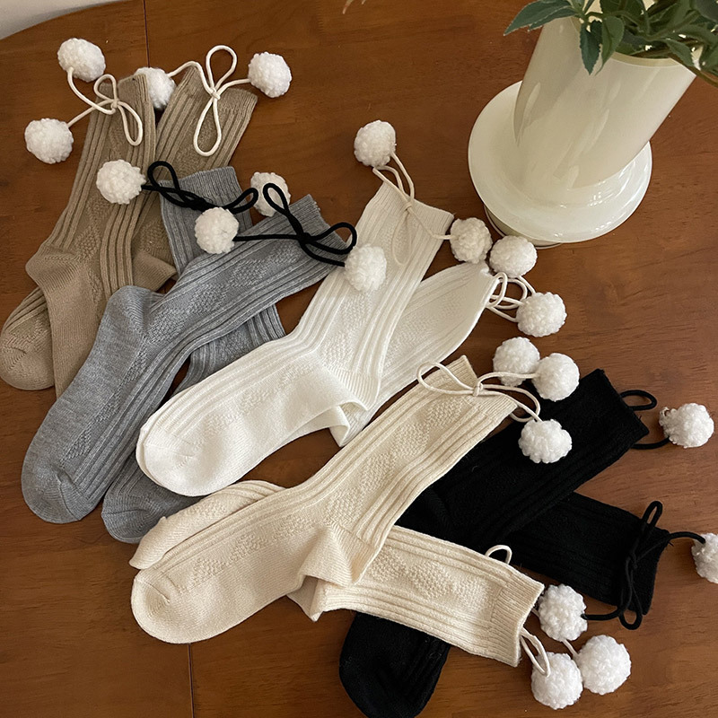 Maillard style autumn and winter New wide stripe wool socks cute plush fur ball student soft girl rhombus jk pile socks female
