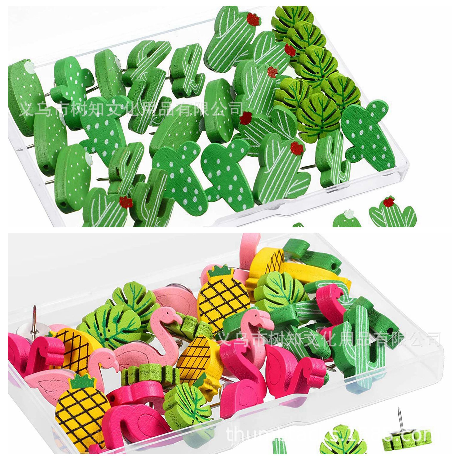 Cross-Border Factory wholesale creative DIY wooden thumbtacks Flamingo cactus shape Press nails tacks I-shaped nails