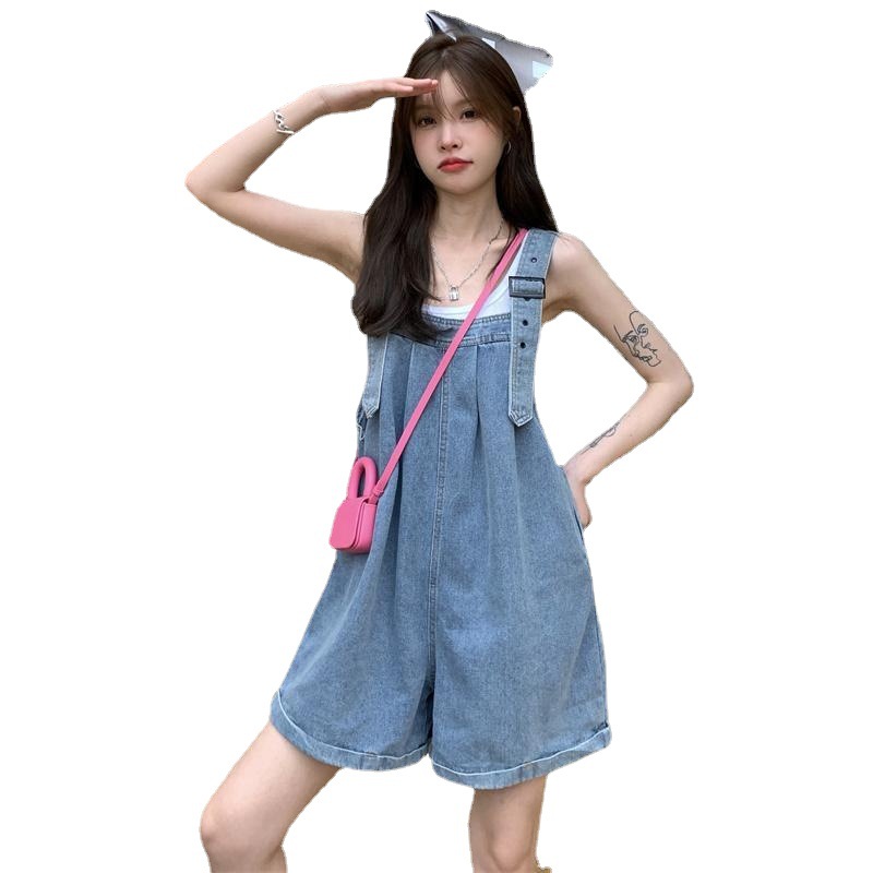 Picture of Salt-Style Denim Overalls Shorts for Petite Women, Summer 2025 New Design, Niche Korean Style, Loose Wide-Leg Pants