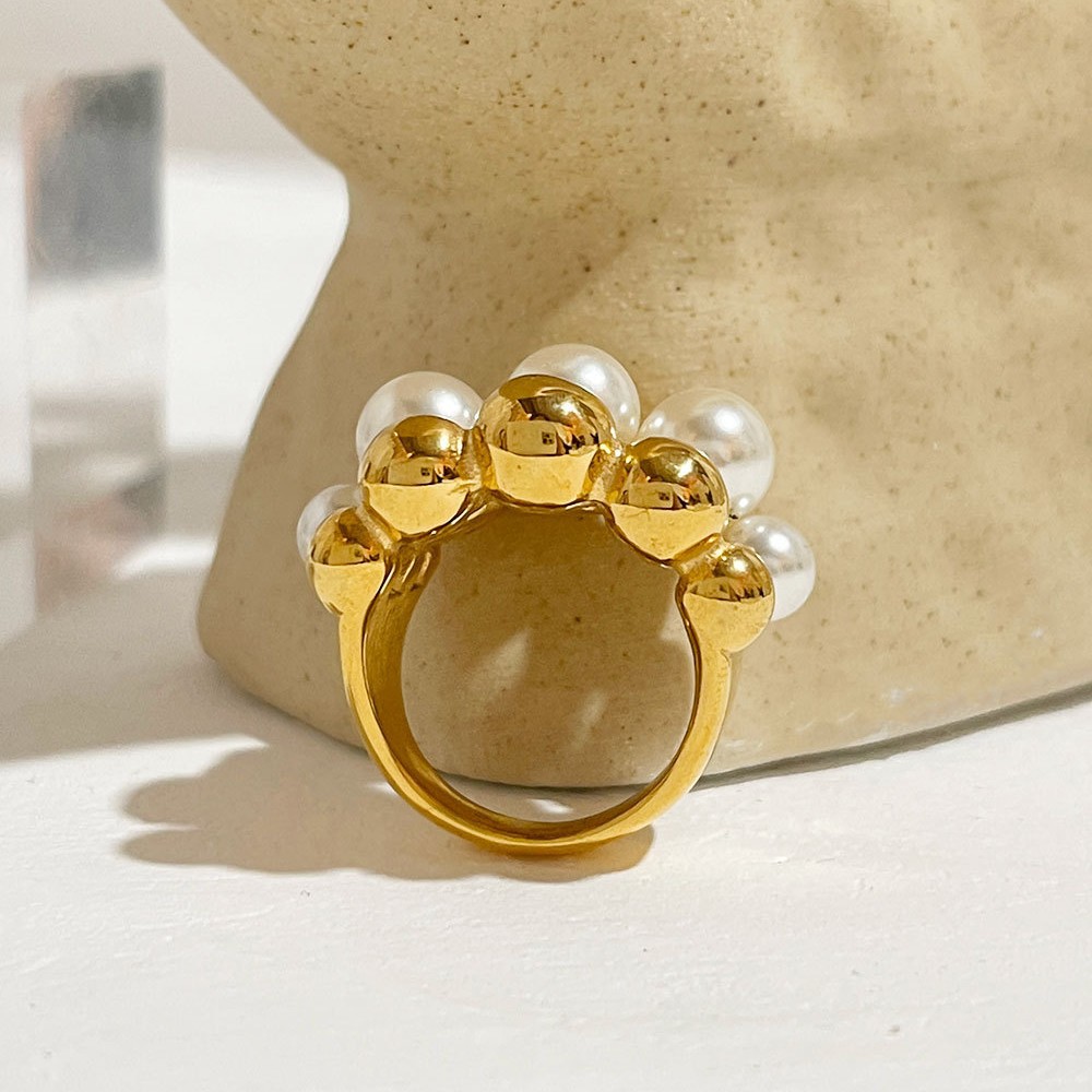 Picture of European and American style exaggerated high-level multi-layer beaded pearl stainless steel ring for women retro temperament pearl ring for women