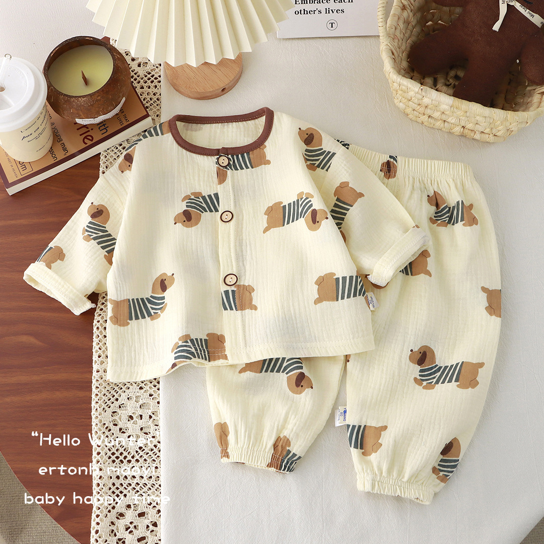 New Kidsren's Thin Double-Layer Pure Cotton Gauze Pajamas Summer Baby Home Clothes Boys and Girls Long-Sleeved Spring & Fall Suits