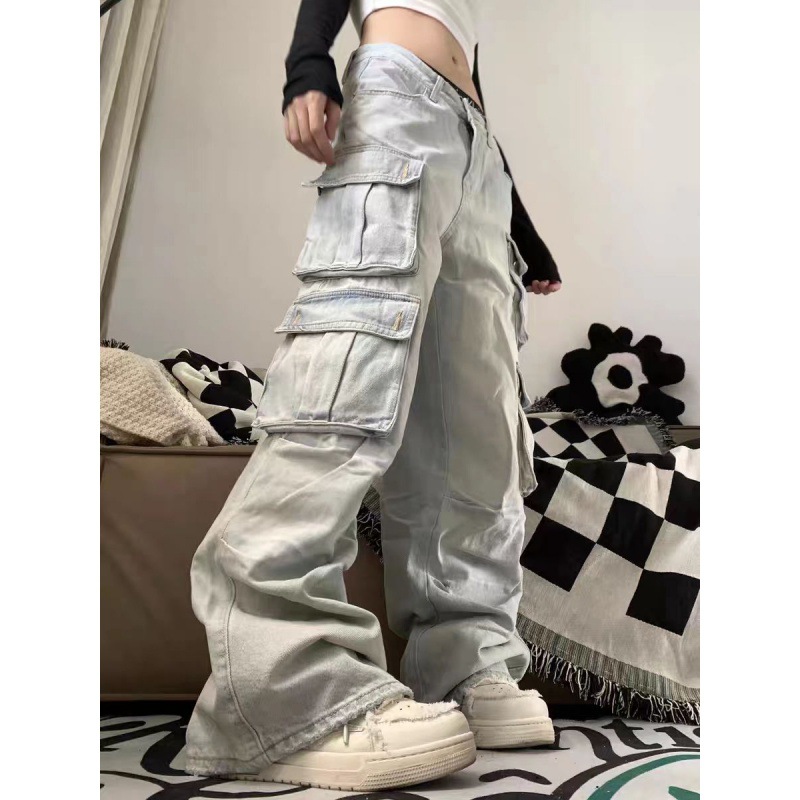 American-style plus size Light Color Retro Multi-pocket Tooling Jeans Women's High Street Straight Loose Wide-leg Long Pants