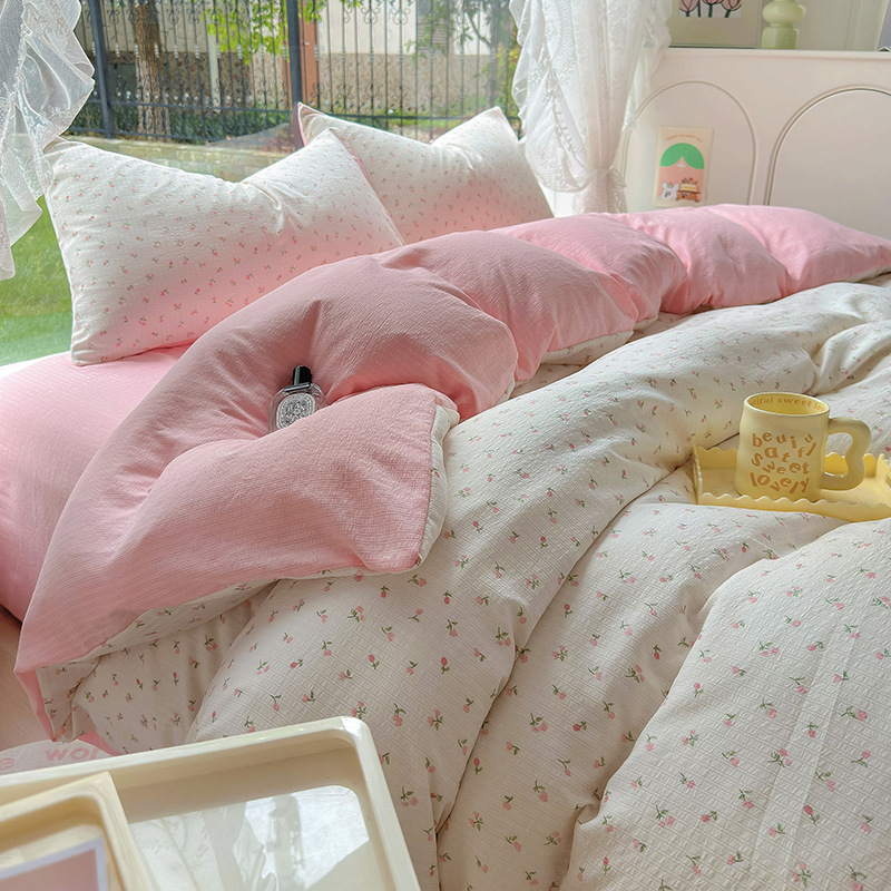 Picture of Class A Maternal and Infant Grade Fresh Small Zhu Cotton Four-piece Set Washed Cotton Bed Sheet Quilt Cover Three-piece Set for Student Dormitory