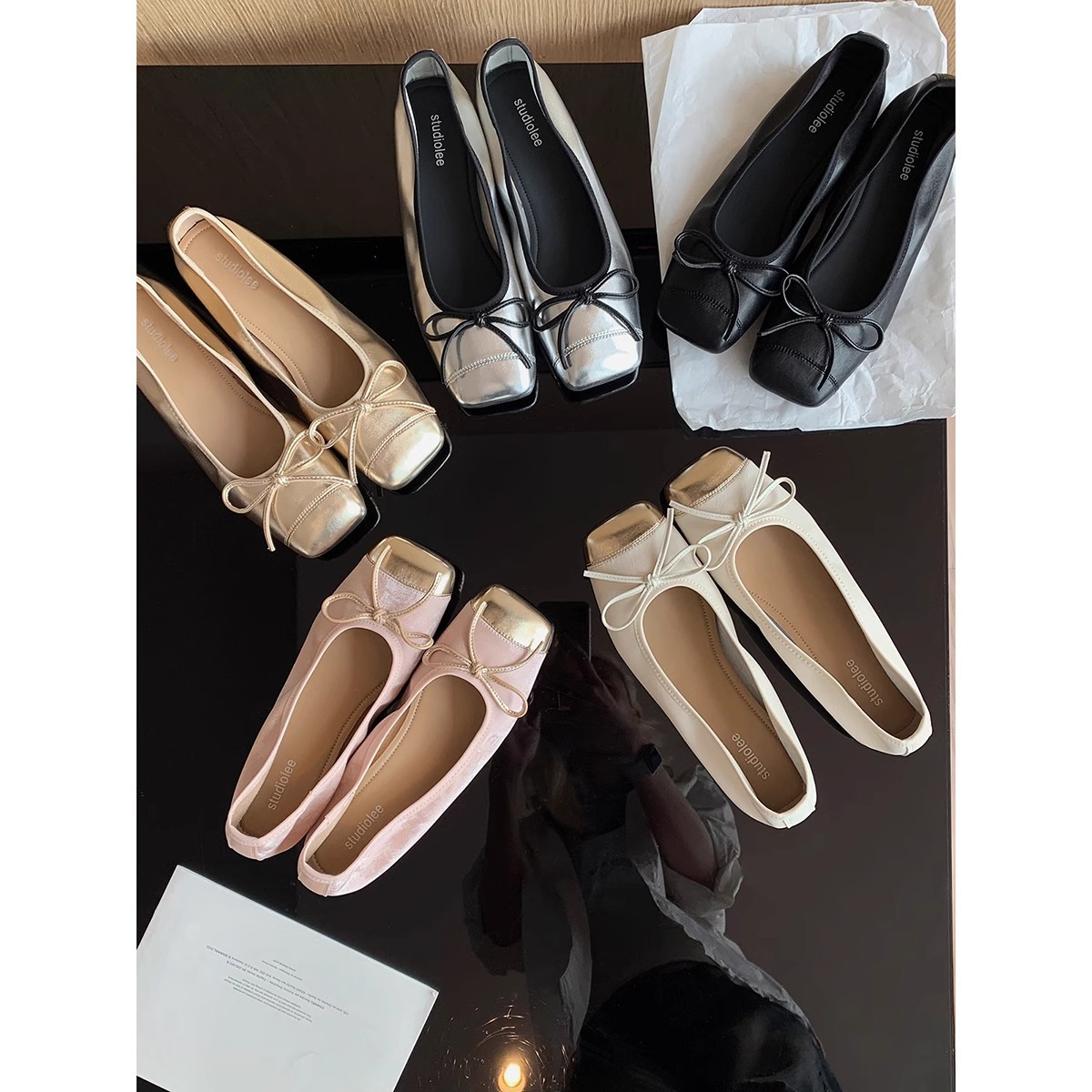 Spot French Mary Jane Ballet Style Stitching Small Square Toe Shallow Mouth Slip-On Flats Casual Bow Flats for Women