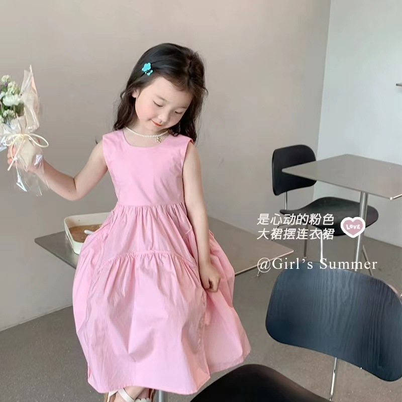 Girls Dress Summer Brightening Pink Large Swing Design Sweet and Western Style 2024 New Korean Style Sleeveless Princess Dress