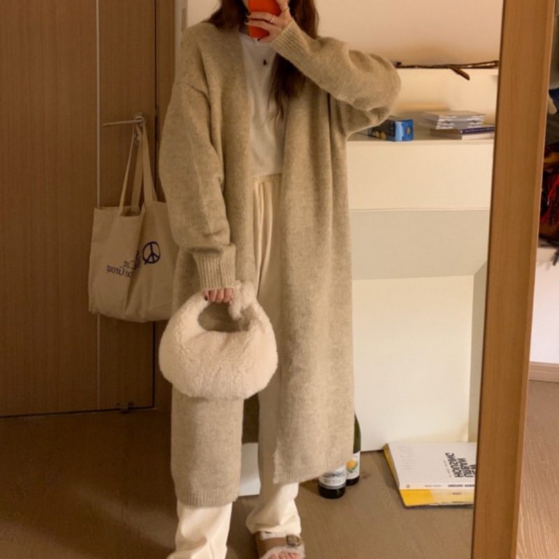 High-grade Elegant Long-sleeved Knitted Cardigan Women's Spring and Autumn Lazy Style Loose Mid-length Knee-length Sweater Coat