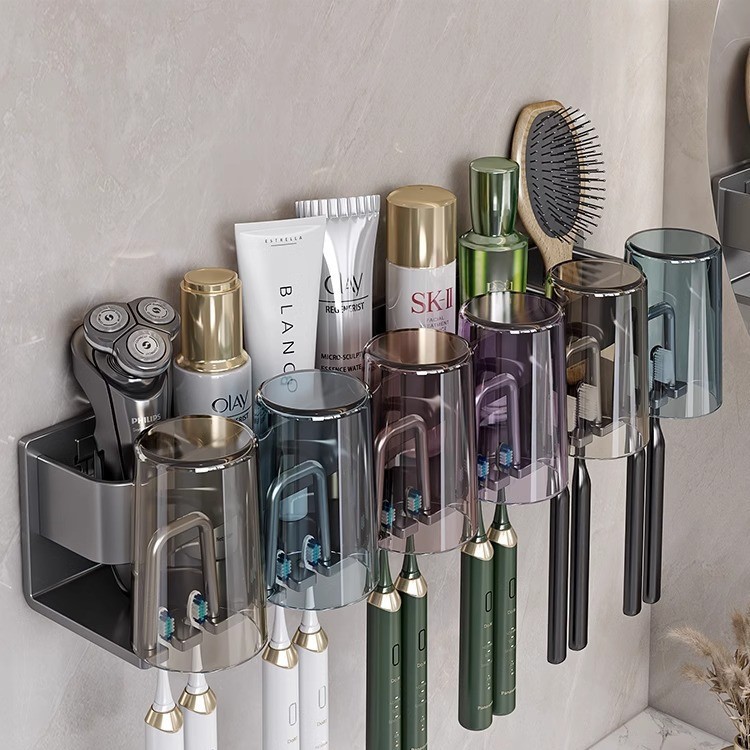 Picture of Toothbrush Storage Rack Non-Punch Brush Cup Mouthwash Cup Rack Wall-Mounted Bathroom Household Toothware Hanger