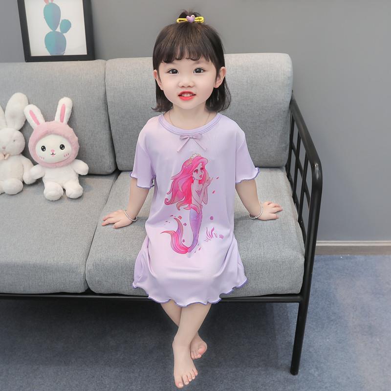 Girls' Short-sleeved Nightgown Children's Ice Silk Pajamas Summer Thin Girls Mermaid Princess Skirt Baby Home Clothes
