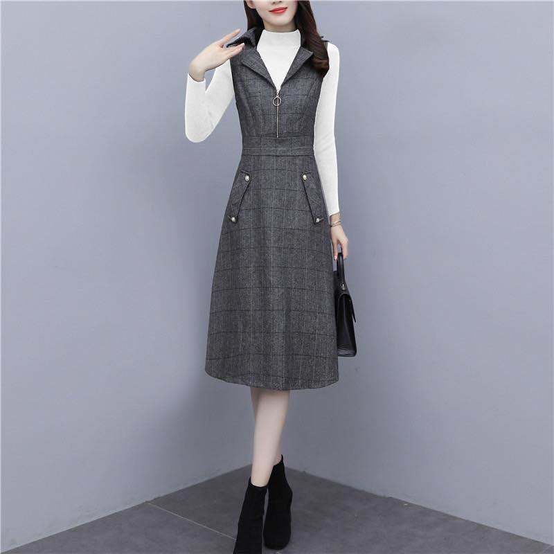 Picture of Single Piece/suit Vest Dress Women's Autumn and Winter Wool Plaid Sleeveless dress Outer Wear Slimming Mid-length A- line Dress