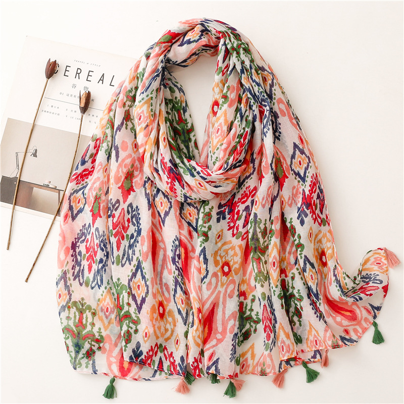 Picture of Suya Japanese Style Fresh Cotton and Linen Hand Scarf Scarf Bali Yarn Color Pop Geometric Shawl Scarf Women