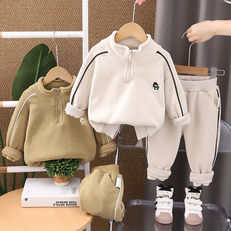Winter Kidsren's Sports Suit Wholesale 2024 New Boys' Velvet Thickeneded Stand-Up Collar Sweatshirt Boys' Kidsren's Clothing Winter Clothing